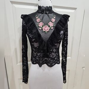 Dolls Kill Widow Goth Black Floral Witchy Victorian Flawless Passion Lace Top S